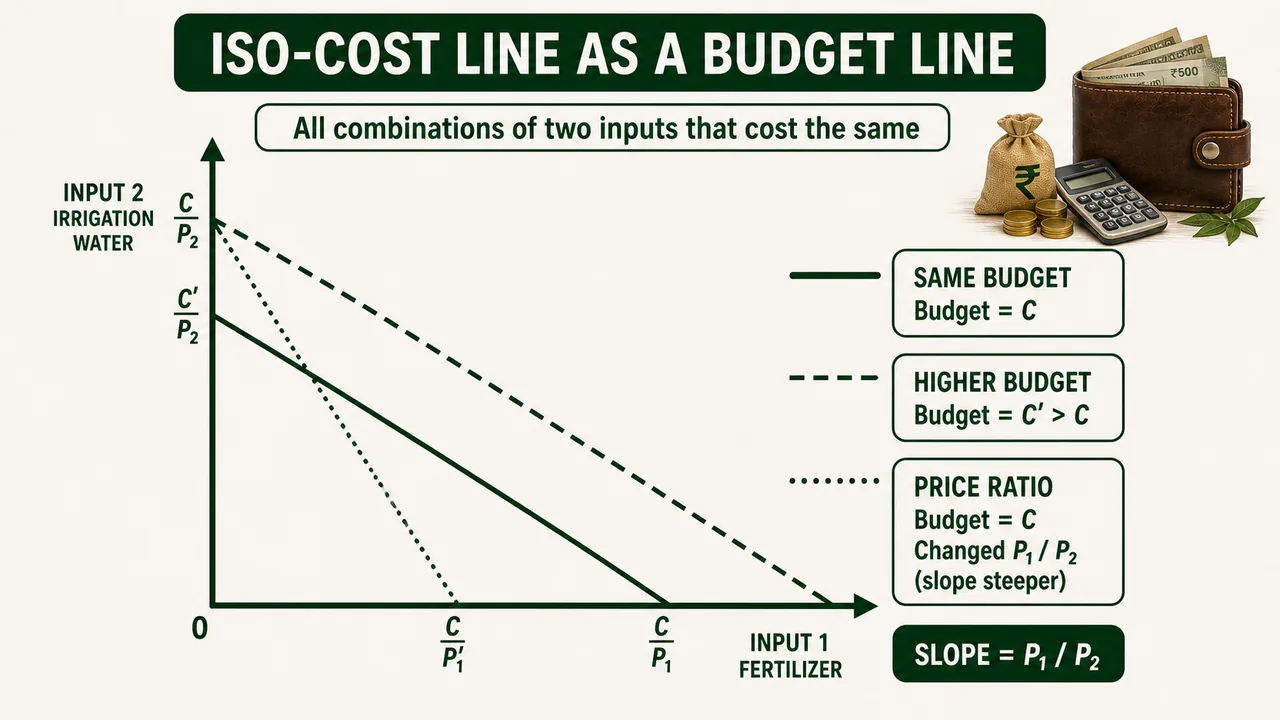 Iso-cost line as a budget line showing same budget combinations, outward shift with higher budget, and slope change from price ratio