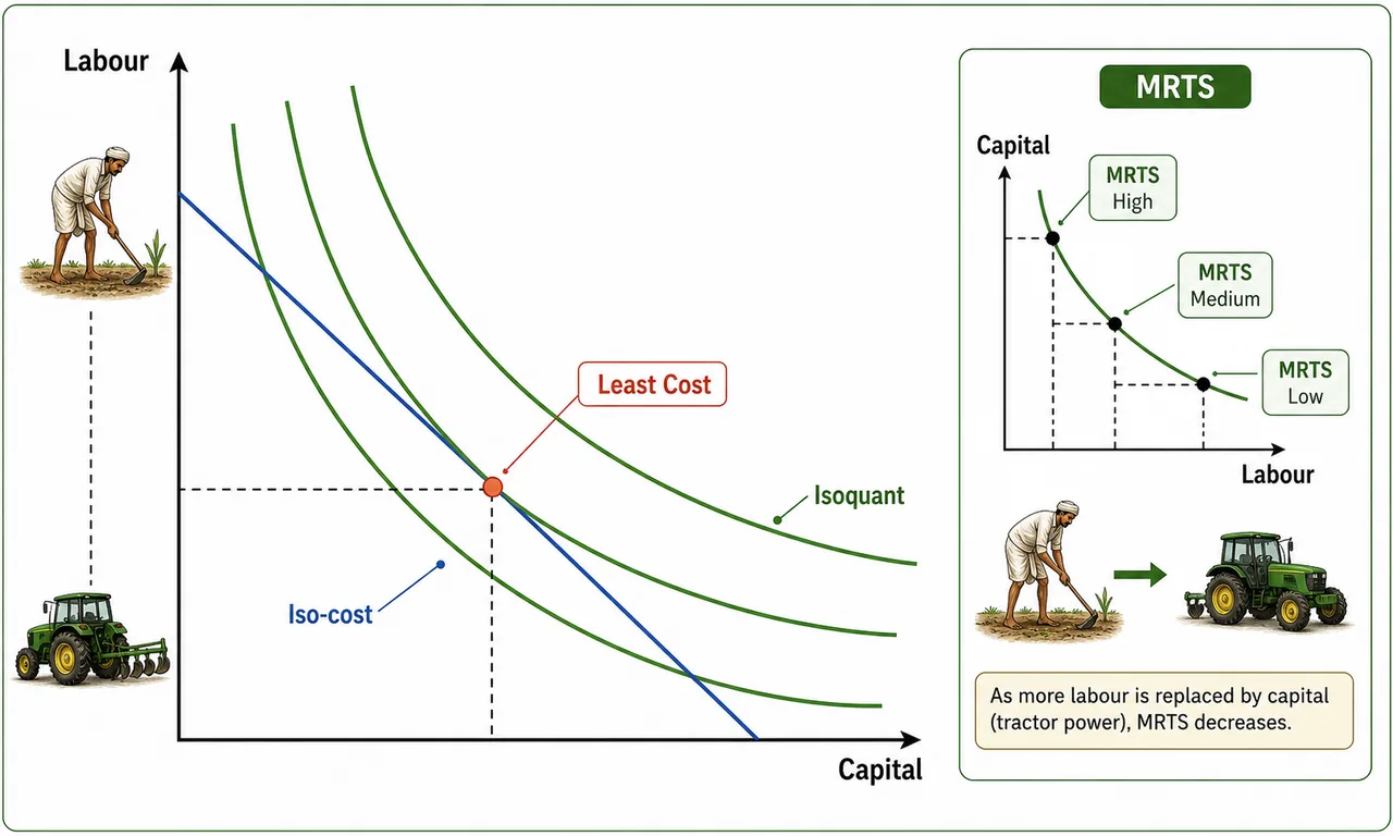 Annotated factor-factor relationship diagram showing isoquants, an iso-cost line, least-cost choice, and MRTS between labour and capital