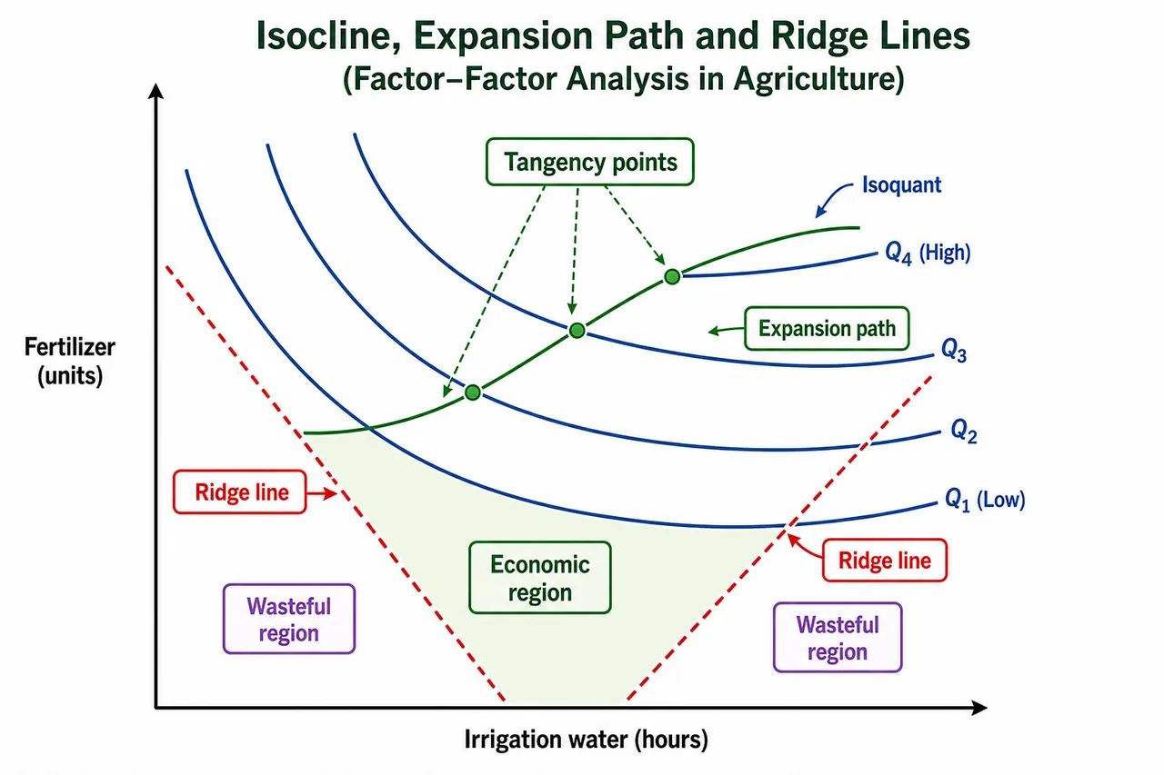 Annotated isoquant map showing tangency points, expansion path, ridge lines, and the economic region