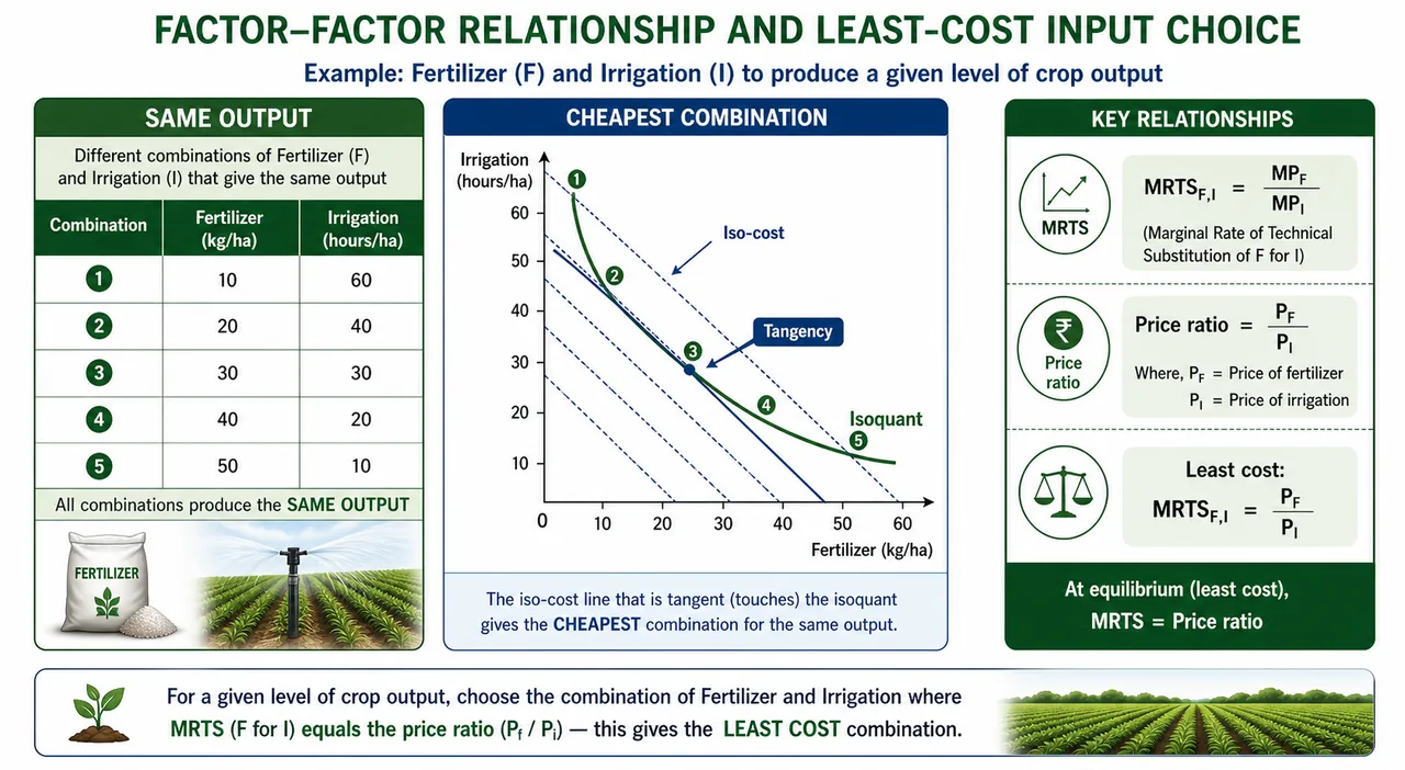 Annotated factor-factor least-cost panel showing arithmetic, isoquant-iso-cost tangency, MRTS, and price ratio