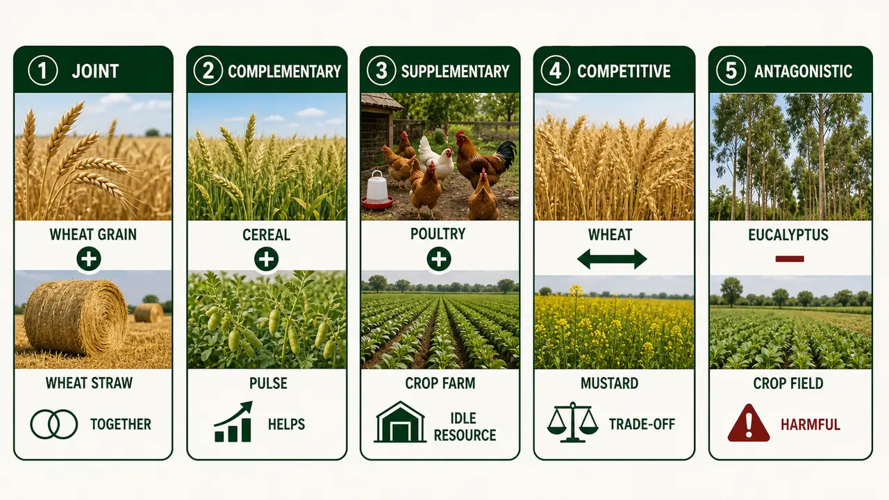 Enterprise relationship types in farming showing joint, complementary, supplementary, competitive, and antagonistic product combinations