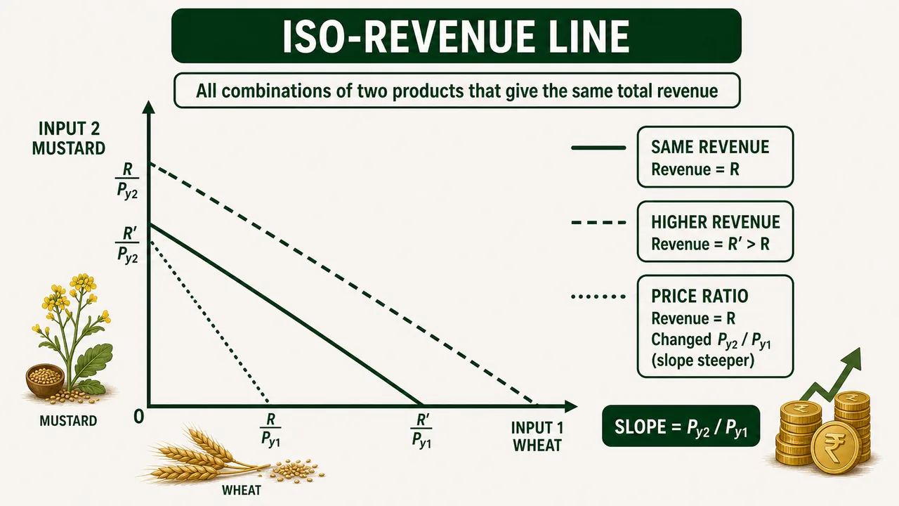 Iso-revenue line showing same revenue combinations, outward shift for higher revenue, and slope change with a changed product price ratio