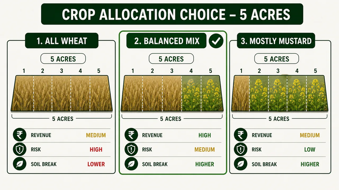 Five-acre crop allocation choice comparing all wheat, balanced wheat-mustard mix, and mostly mustard