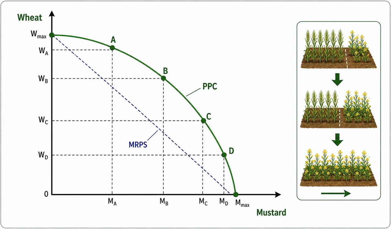 Annotated product-product relationship diagram showing a production possibility curve between two farm enterprises and the idea of MRPS