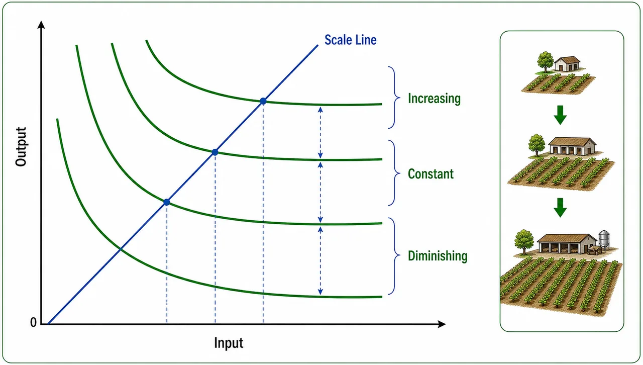 Annotated returns to scale panel showing a scale line crossing isoquants for increasing, constant, and diminishing returns