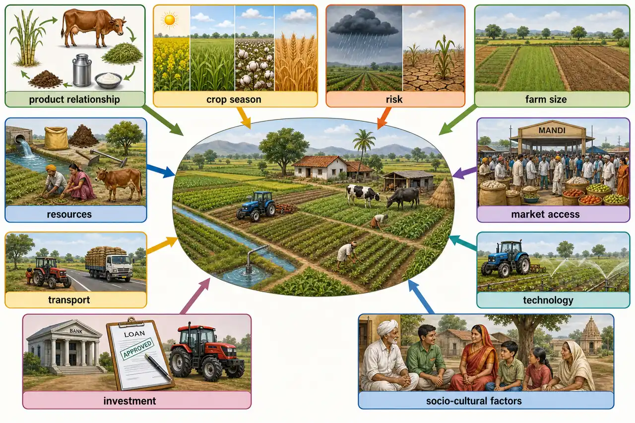 Educational board showing how product relationship, crop season, risk, farm size, resources, market access, transport, technology, investment, and socio-cultural factors shape the type of farming