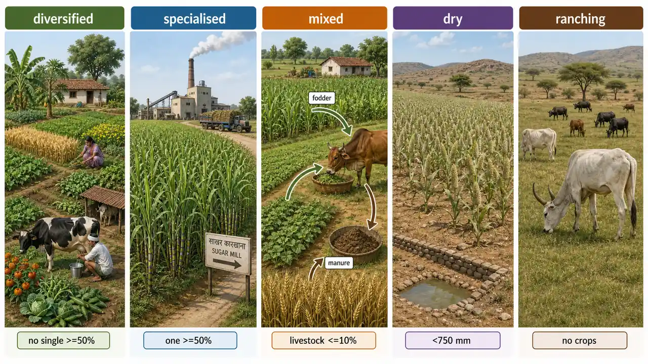 Five-panel comparison of diversified, specialised, mixed, dry, and ranching farming with the key rule for each type