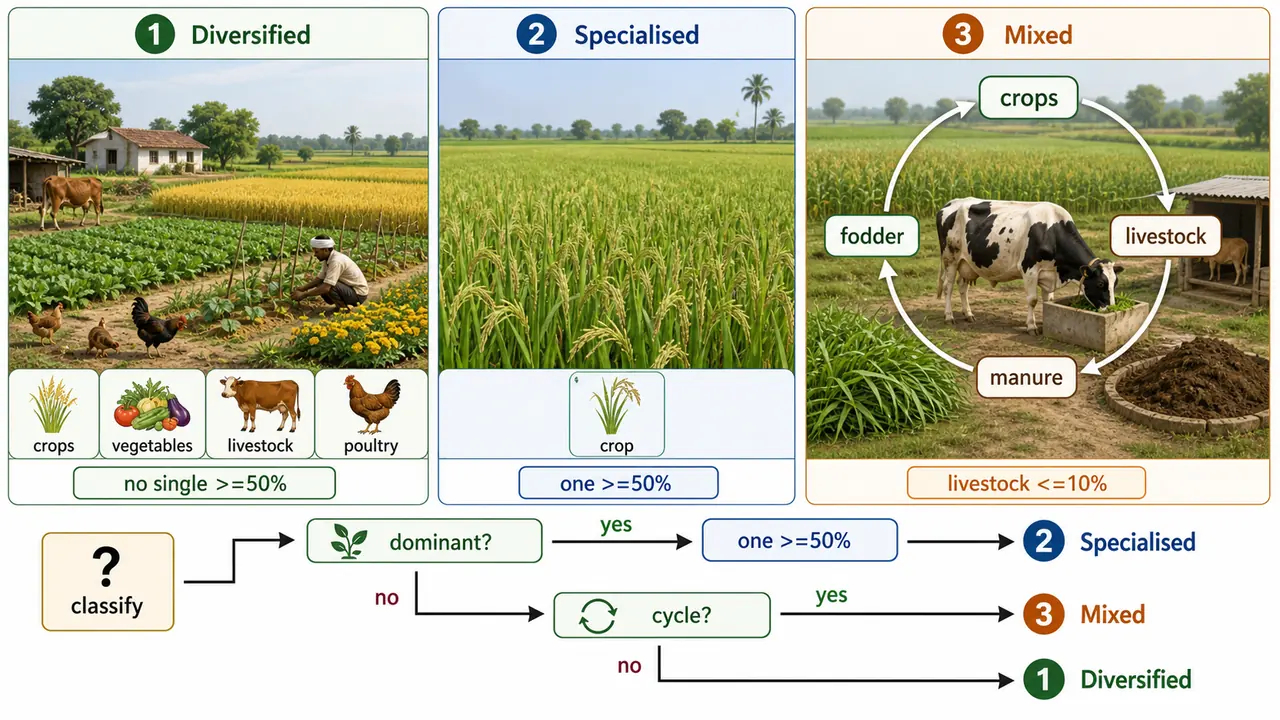 Decision board comparing diversified, specialised, and mixed farming using the 50 percent rule, crop-livestock cycle, and the livestock 10 percent guideline