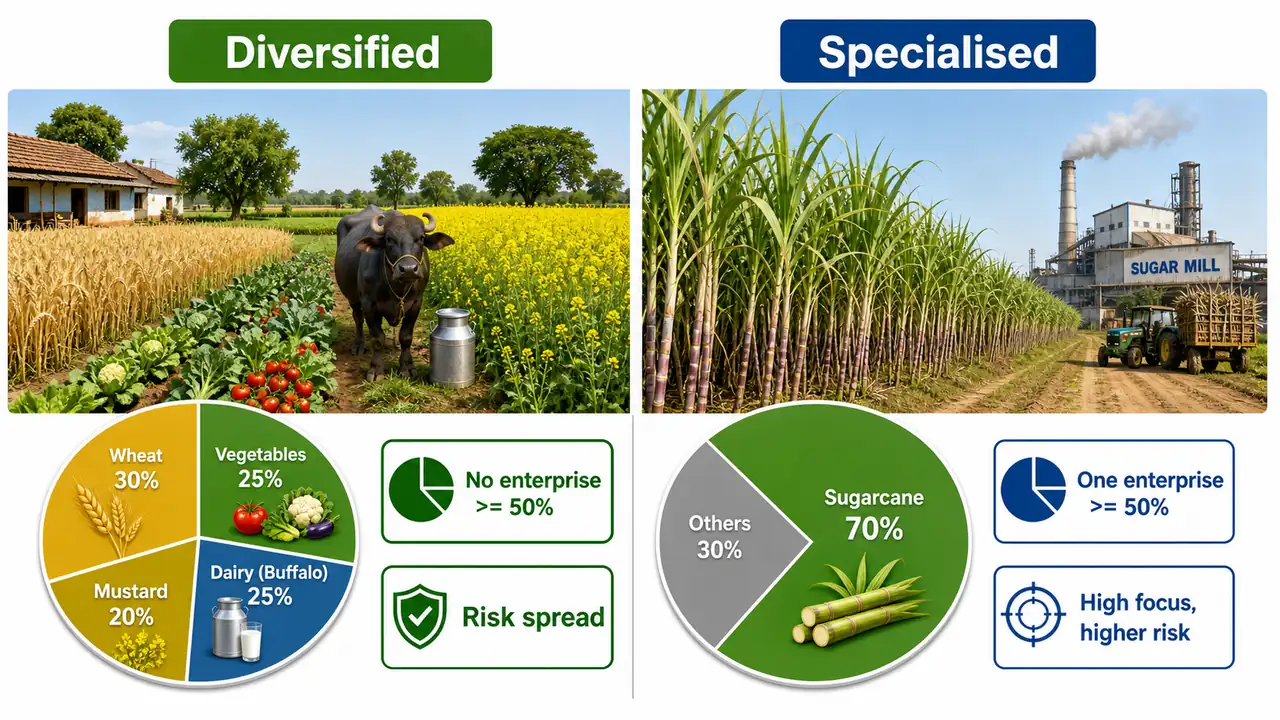 Annotated comparison of diversified and specialised farming showing income share patterns and contrasting risk structure