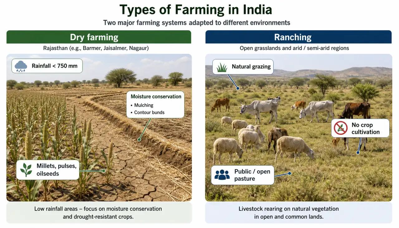 Annotated comparison of dry farming and ranching showing low-rainfall crop cultivation versus natural grazing systems