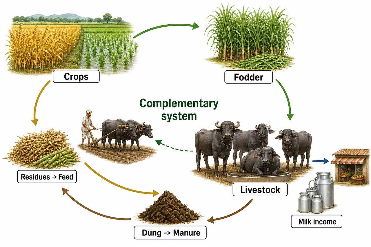 Annotated mixed farming diagram showing crops, fodder, livestock, manure, residues, and milk income in a complementary cycle