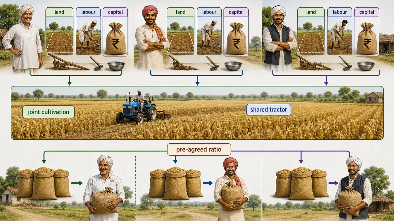 Joint farming diagram showing several farmers pooling land, labour, and capital for joint cultivation and then sharing produce by a pre-agreed ratio