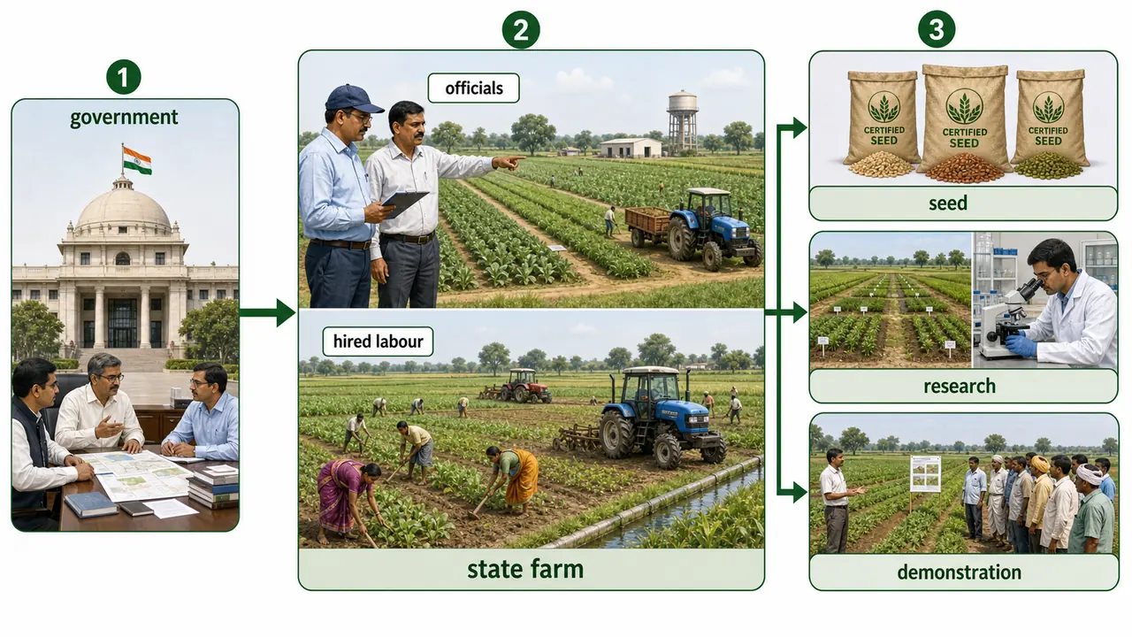 State farming workflow showing government ownership, officials managing a state farm, hired labour working on the farm, and outputs used for seed, research, and demonstration