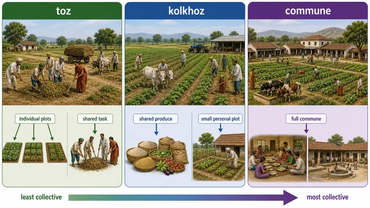 Progression from Toz to Kolkhoz to Commune showing increasing degree of collective farming from shared tasks to shared produce and finally full communal life