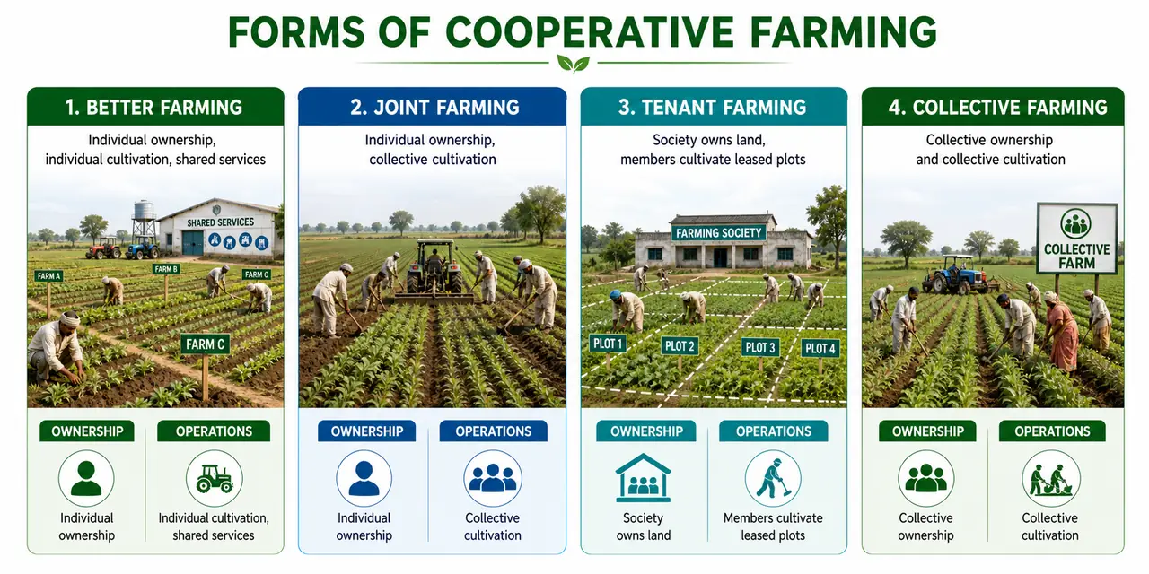 Annotated four forms of cooperative farming showing better, joint, tenant, and collective cooperative arrangements