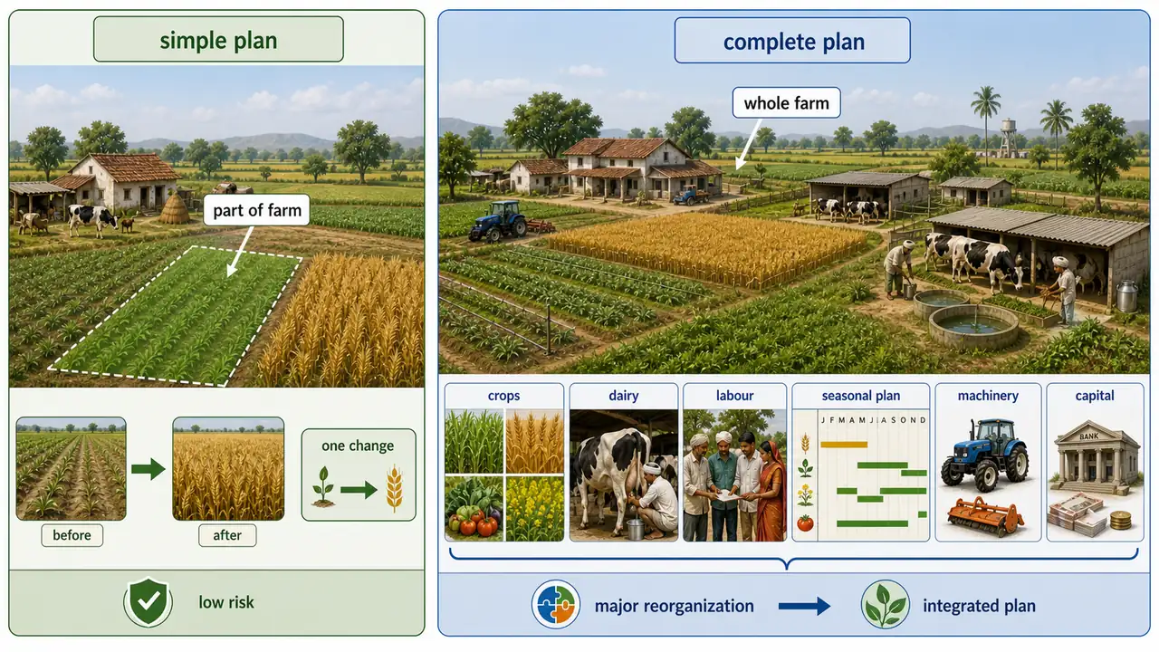 Comparison of a simple farm plan focusing on one part of the farm versus a complete farm plan that reorganizes the whole farm with crops, dairy, labour, machinery, and capital together