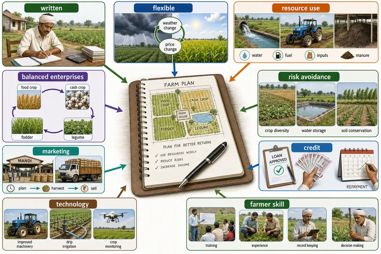 Educational board showing the characteristics of a good farm plan including written records, flexibility, efficient resource use, balanced enterprises, risk avoidance, marketing, credit, technology, and farmer skill