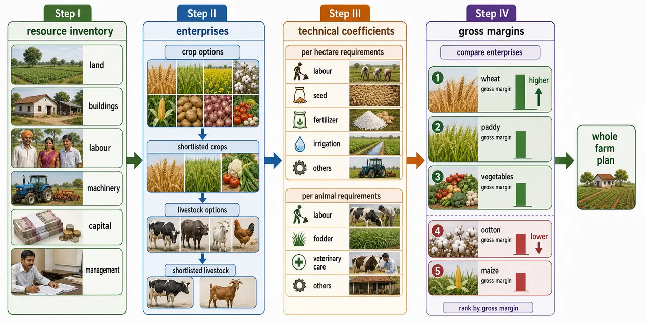 Workflow for farm planning and budgeting from resource inventory to enterprise selection, technical coefficients, and gross-margin comparison before the whole farm plan