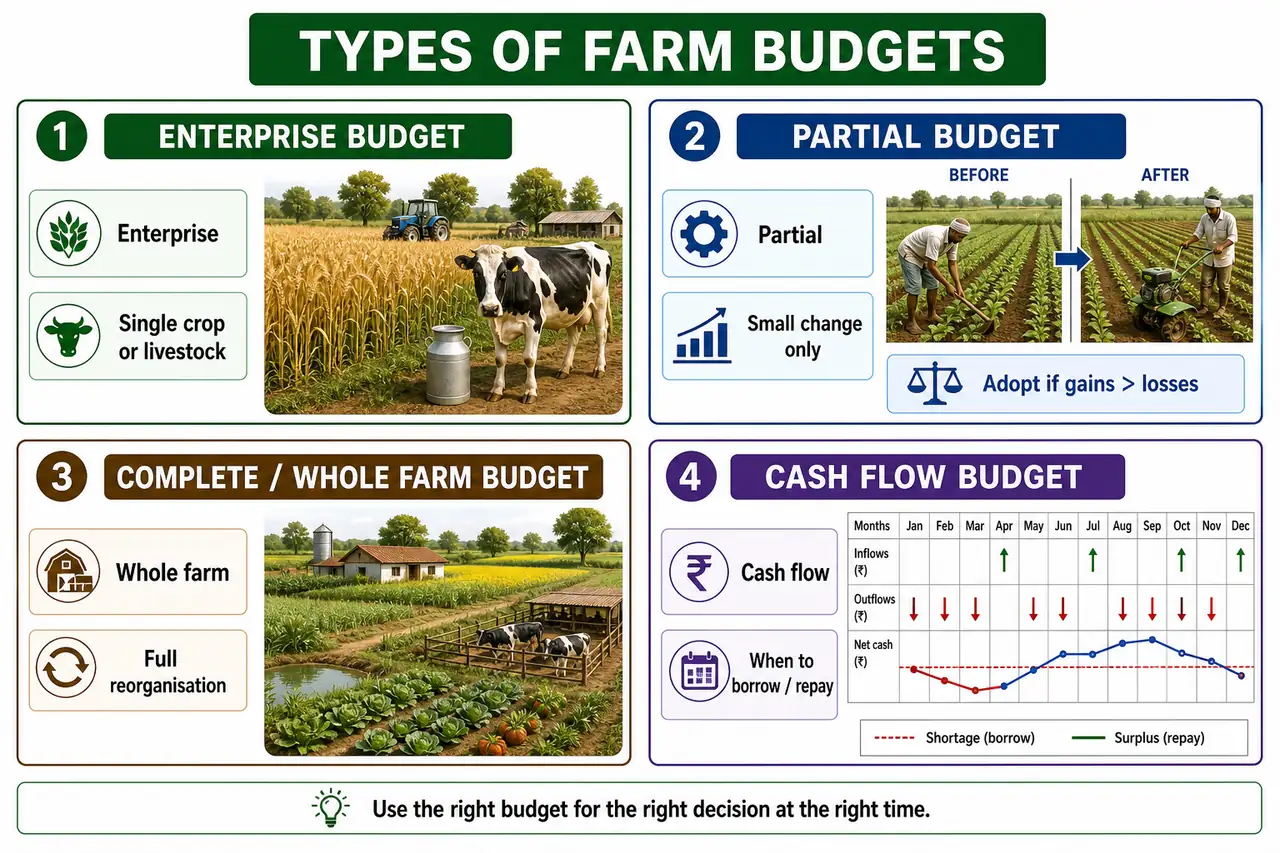 Annotated farm budget types panel showing enterprise, partial, whole farm, and cash flow budgeting