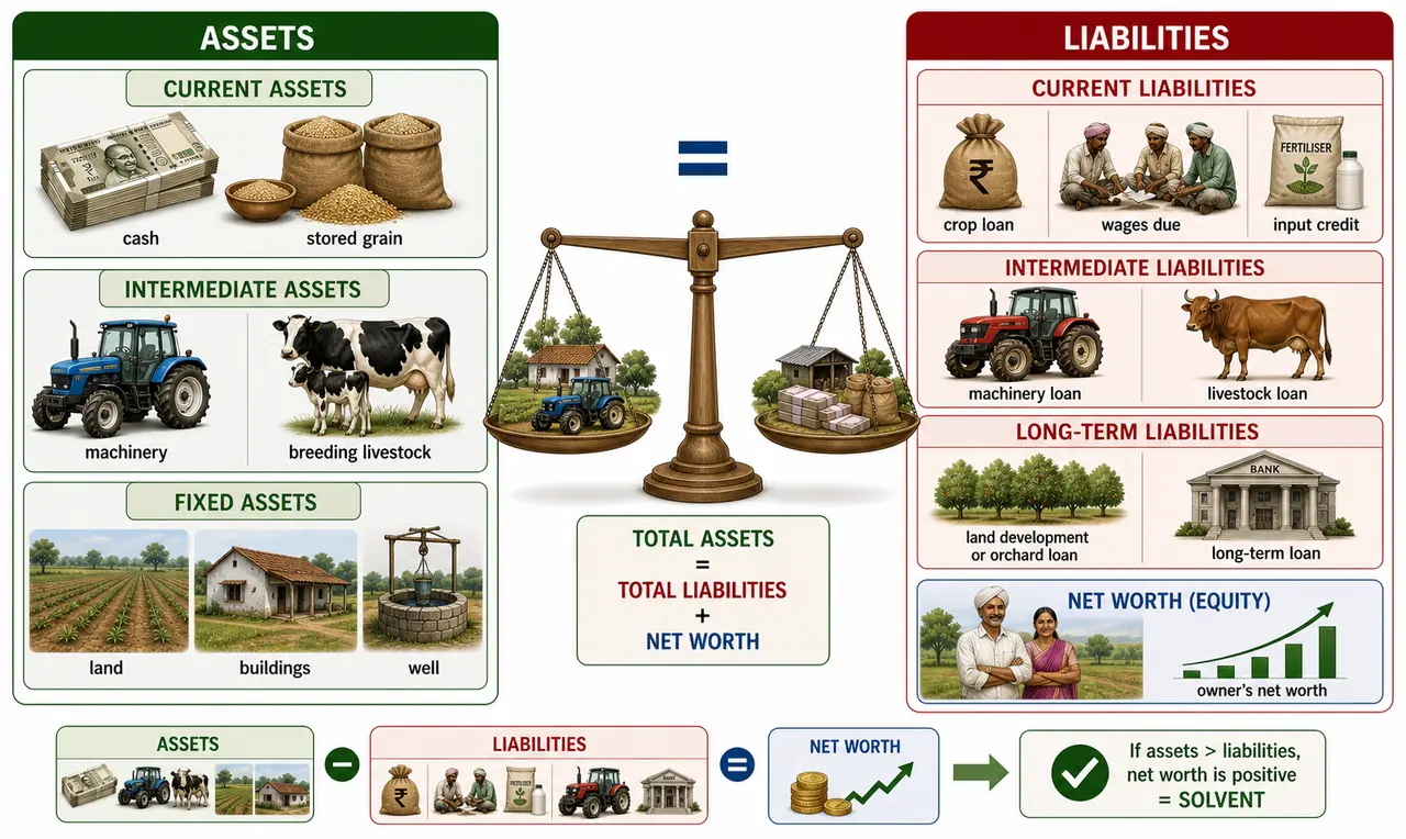 Farm balance sheet diagram showing assets on one side, liabilities plus net worth on the other, and the equation that total assets equal total liabilities plus net worth
