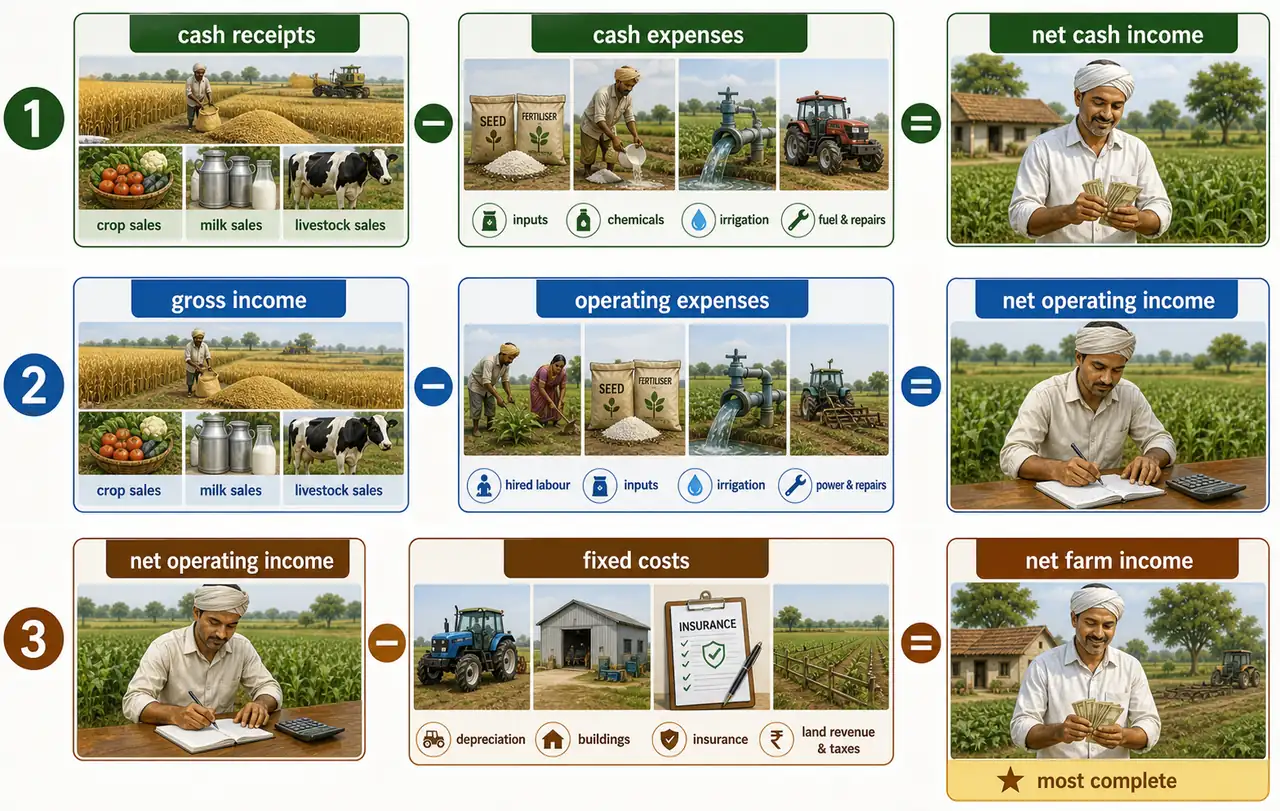 Comparison of net cash income, net operating income, and net farm income showing the deduction logic for each measure and why net farm income is the most complete