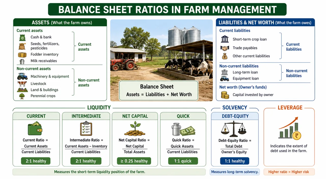 Annotated balance sheet ratios panel showing current, intermediate, net capital, quick, and debt-equity ratios in farm management