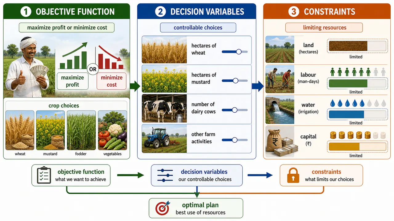 Educational board showing the three essential components of a linear programming problem in agriculture: objective function, decision variables, and constraints