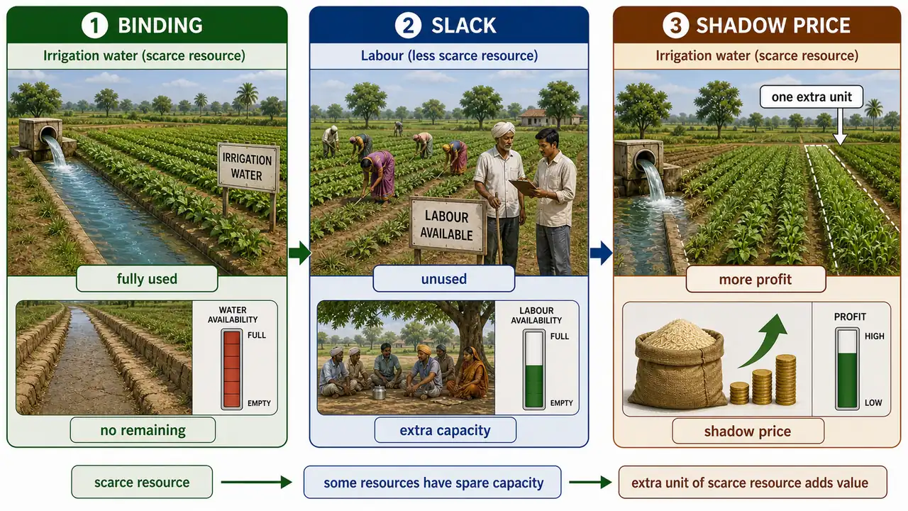 Visual summary of the assumptions of linear programming in agriculture including linearity, additivity, divisibility, non-negativity, finiteness, and certainty