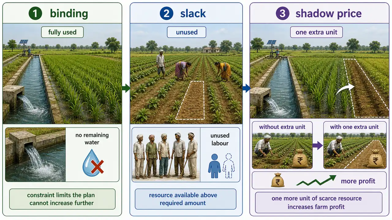 Interpretation board for linear programming showing a binding constraint, slack in another resource, and the idea of shadow price from one extra unit of a scarce resource