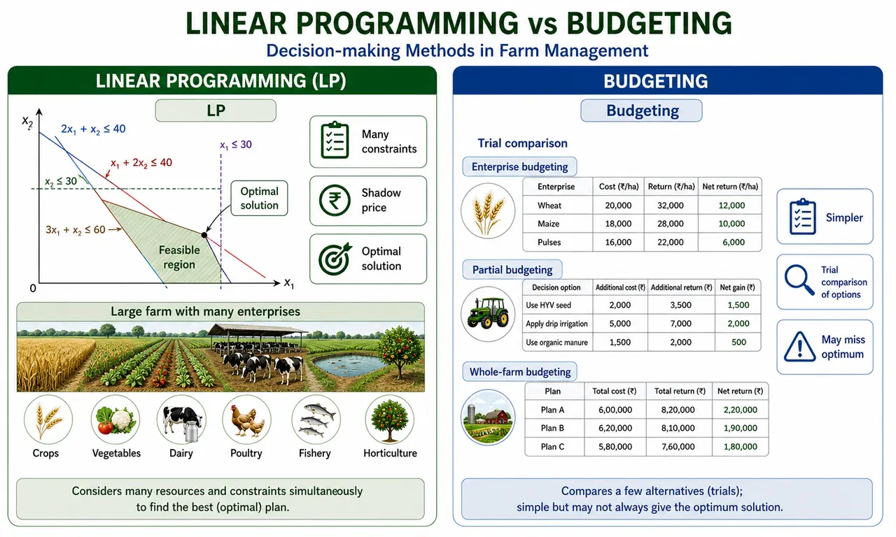 Annotated comparison of linear programming and budgeting in farm management