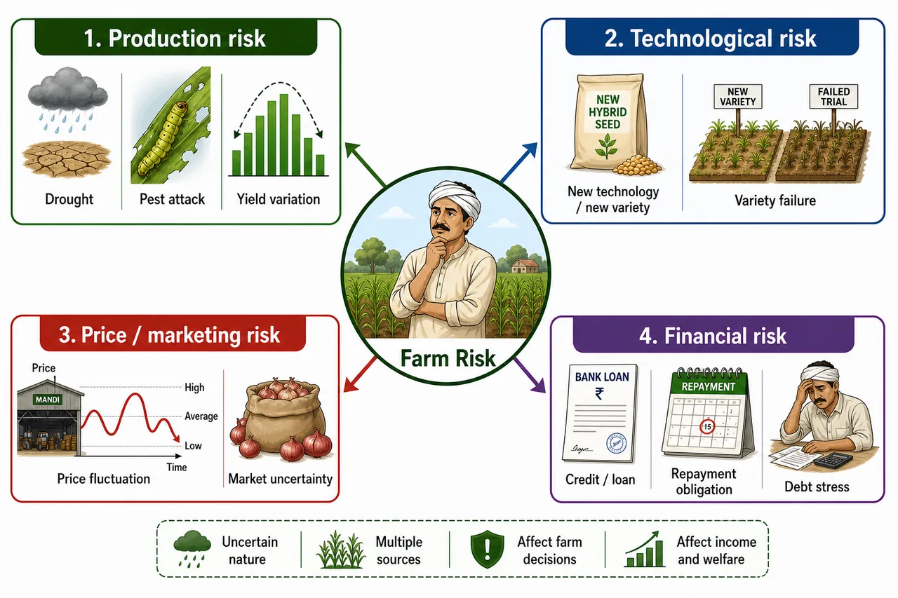 Sources of farm risk in agriculture showing production risk, technological risk, price or marketing risk, and financial risk