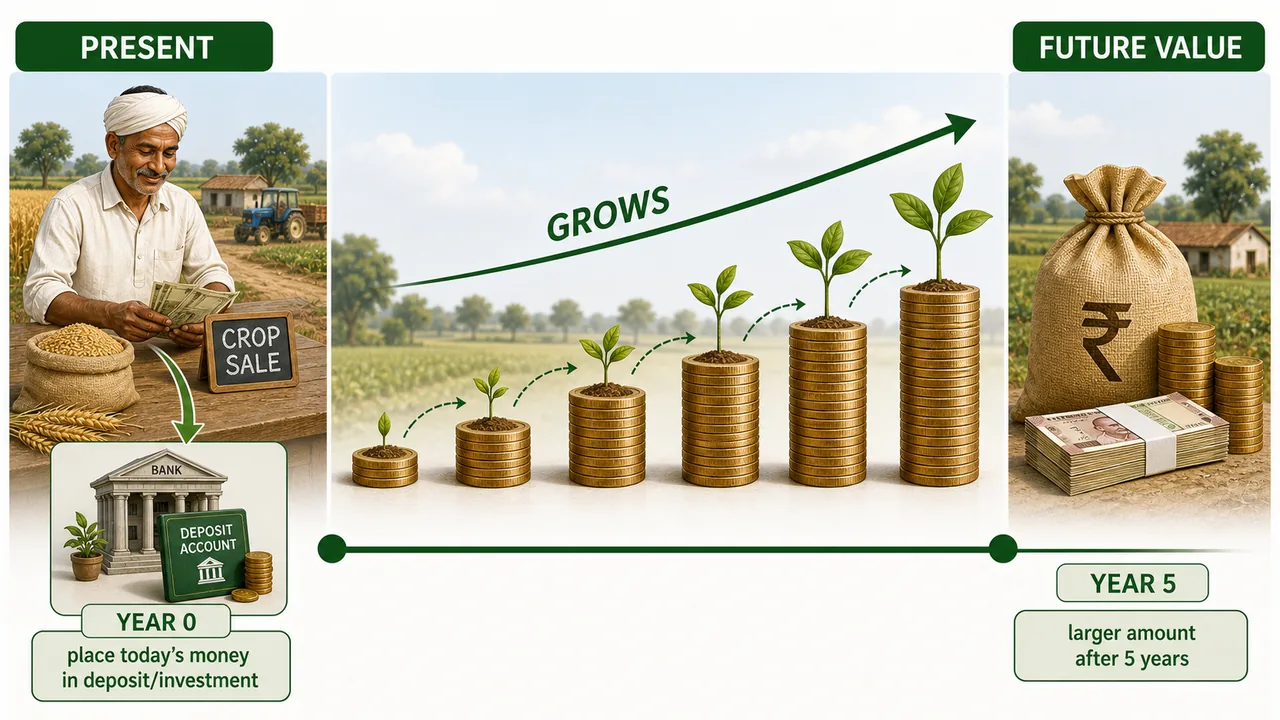 Educational board showing compounding in farm economics where today's money from crop sales grows forward through time into a larger future value