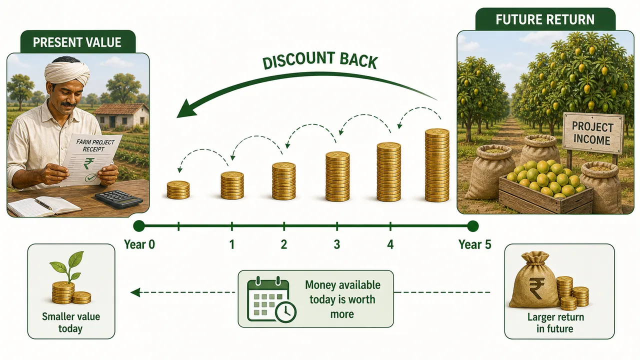 Educational board showing discounting in farm economics where a future farm return is brought backward through time into present value
