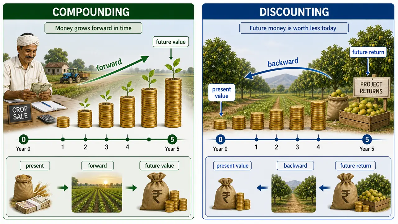 Side-by-side comparison of compounding and discounting showing forward movement from present to future and backward movement from future to present