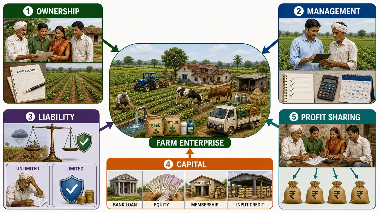 Farm enterprise diagram showing how ownership management liability capital and profit sharing vary by business organisation choice