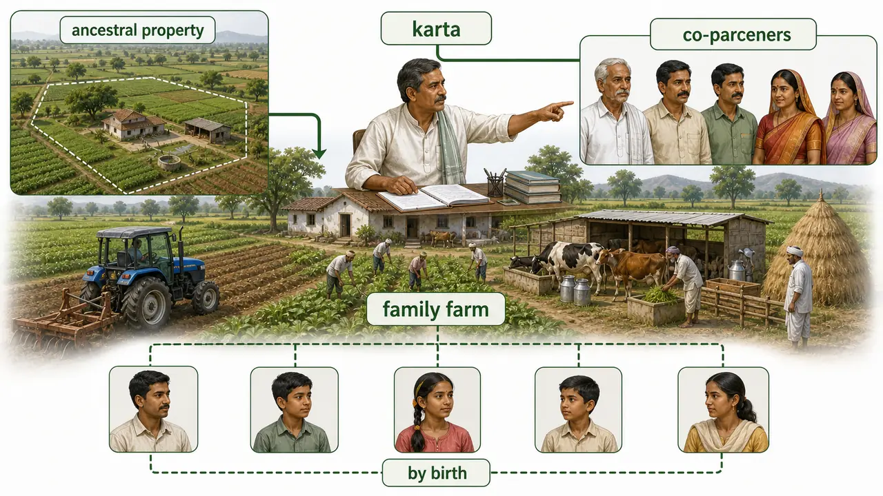 Joint Hindu Family farm showing ancestral property Karta management and co-parceners by birth
