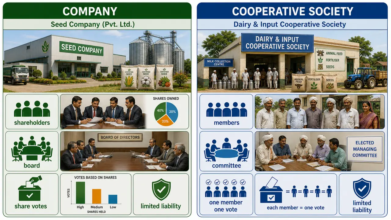 Comparison between company and cooperative society governance in agriculture showing shareholders versus members and voting structure