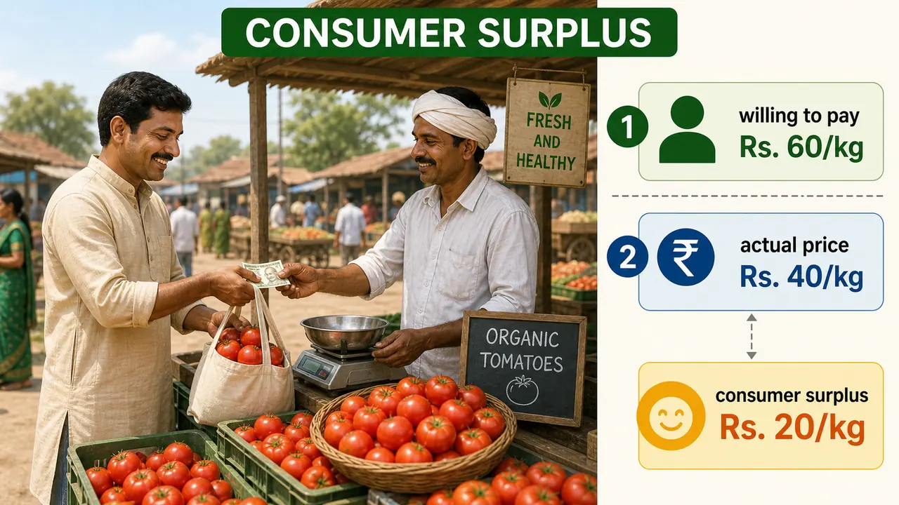 Consumer surplus example in a vegetable market showing willingness to pay above the actual tomato price