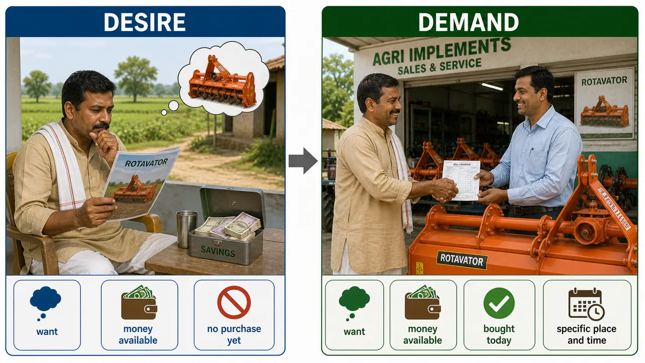 Desire versus demand comparison showing a farmer wanting a rotavator versus actually purchasing it at a dealer