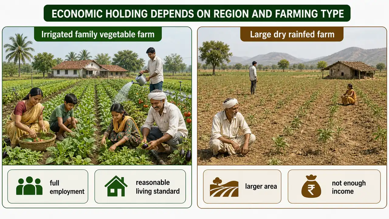 Economic holding comparison showing a productive irrigated family farm versus a larger dry rainfed farm with lower income