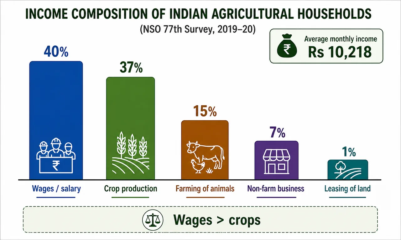 Income composition of agricultural households in the NSO 77th Survey showing wages salary 40 percent, crop production 37 percent, animals 15 percent, non-farm business 7 percent, and leasing of land 1 percent