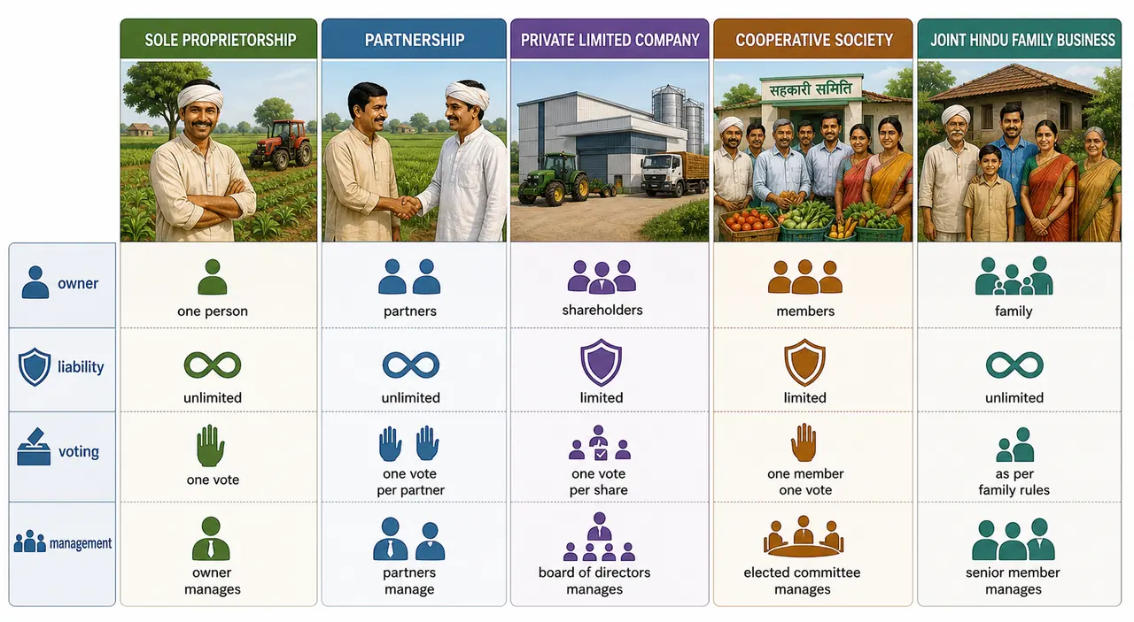Business organisation comparison showing owner type liability voting and management across sole partnership company cooperative and HUF forms
