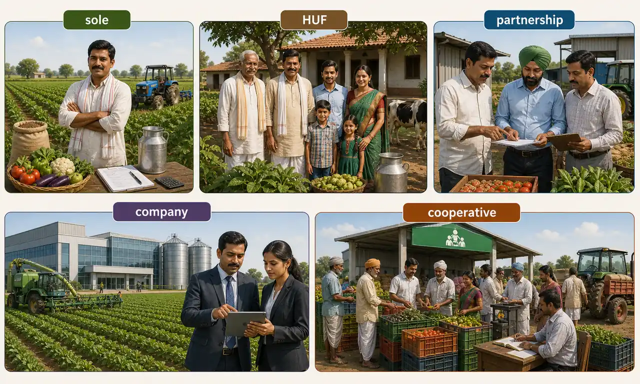Forms of business organisation in agriculture showing sole HUF partnership company and cooperative models