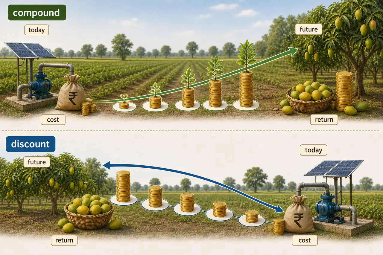 Compounding and discounting in farm economics showing money moving forward to future returns and backward to present cost