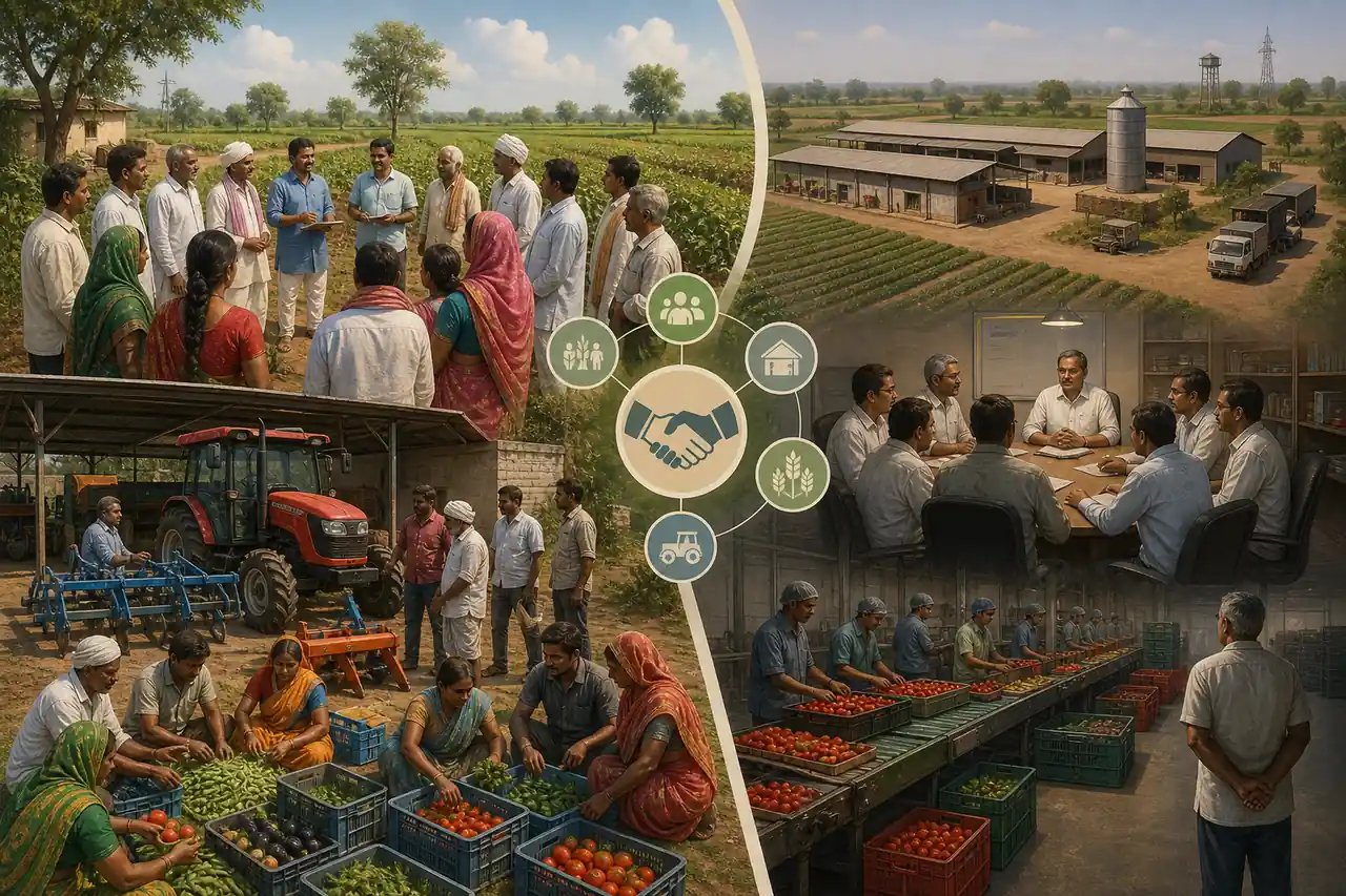 Cooperative and collective farming compared through pooled resources, shared machinery, democratic discussion, and organized agricultural operations