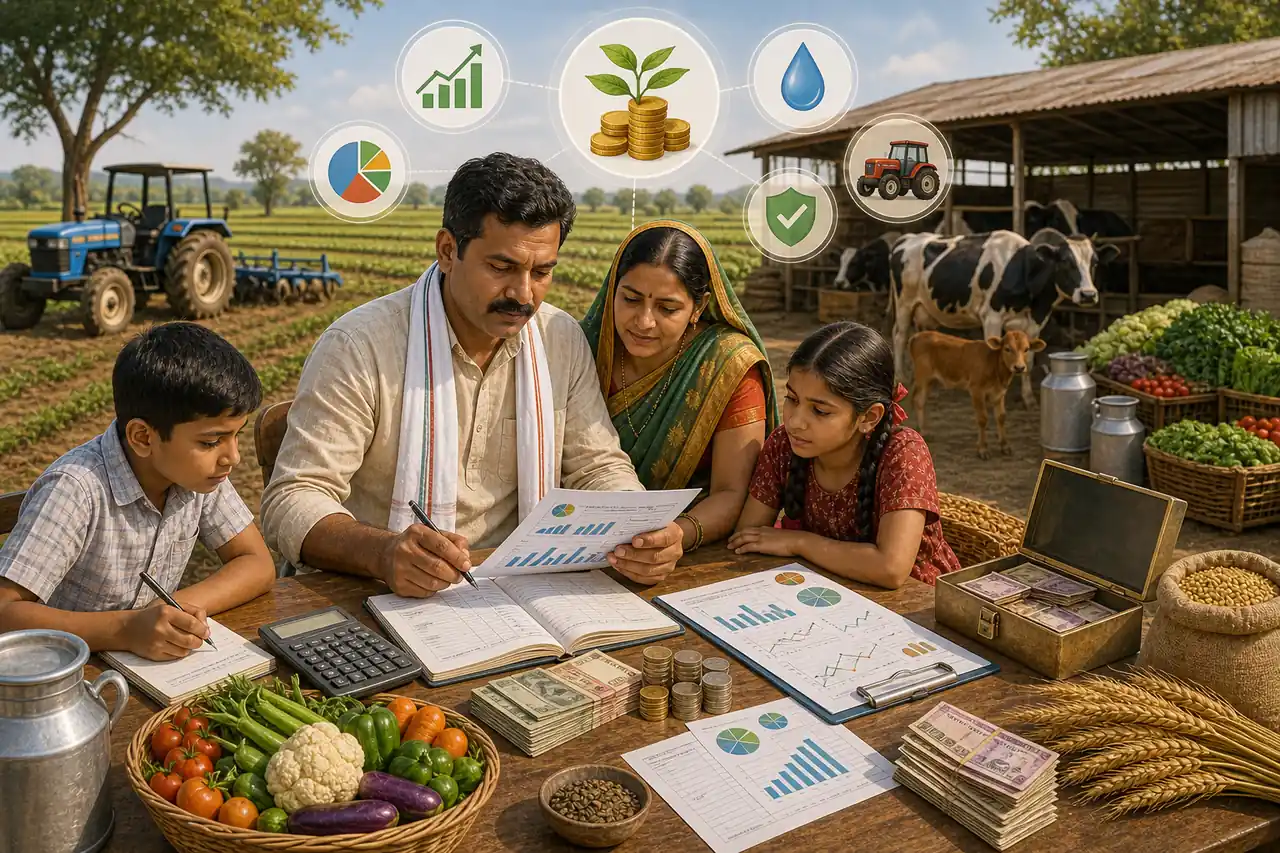 Farm business analysis showing records, cash, produce, machinery, livestock, and financial performance indicators in an agricultural setting