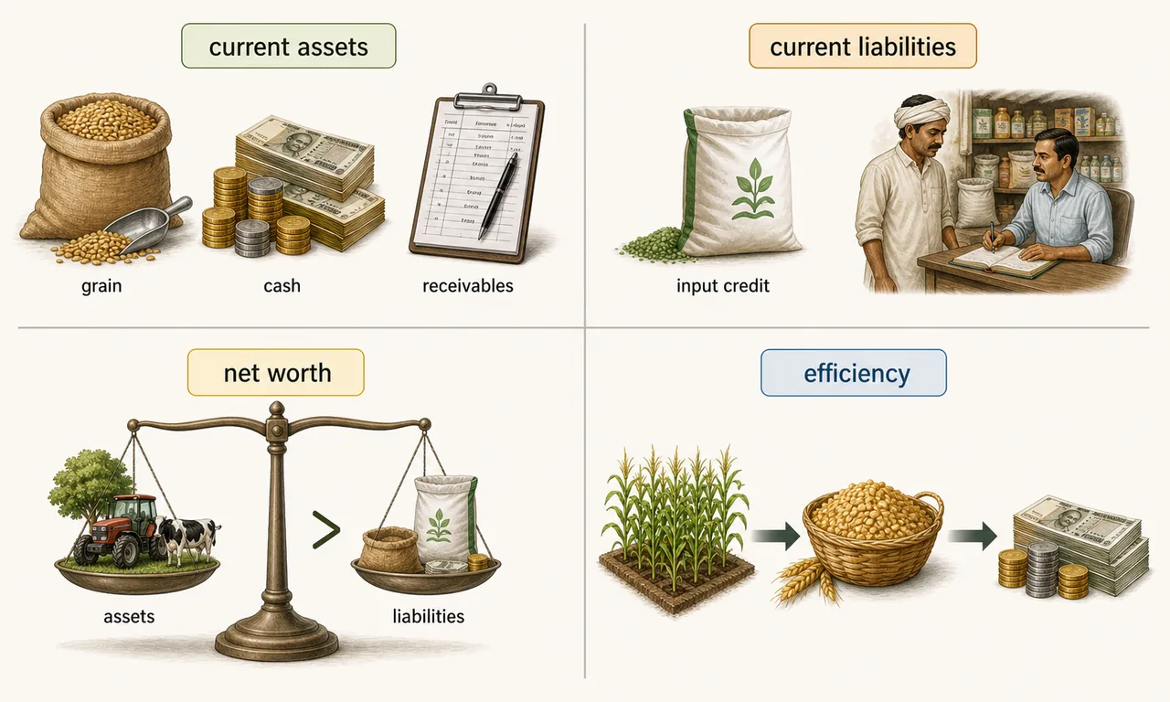 Farm financial ratios showing current assets, current liabilities, net worth, and efficiency in agricultural business analysis