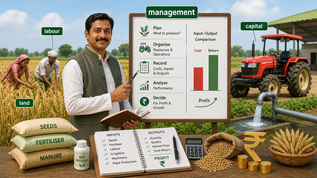 Farm management overview showing land, labour, capital, farm records, inputs, and output decisions in an Indian farm setting