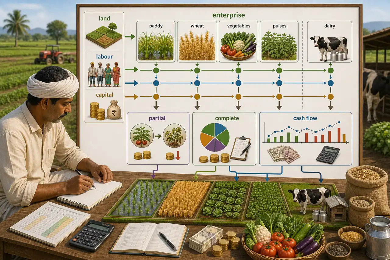 Whole-farm budgeting and resource allocation showing enterprise, partial, complete, and cash flow budgeting with land labour and capital allocation