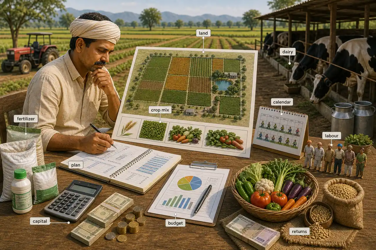 Farm planning and budgeting in agriculture showing land, labour, capital, crop mix, dairy, calendar, and returns in one whole-farm plan